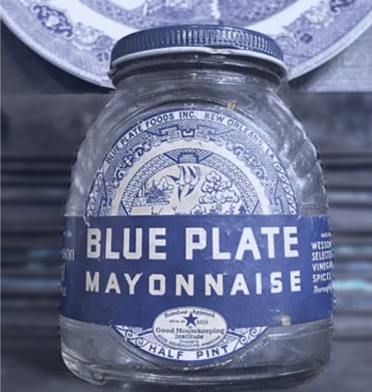 A vintage half-pint jar of Blue Plate Mayonnaise